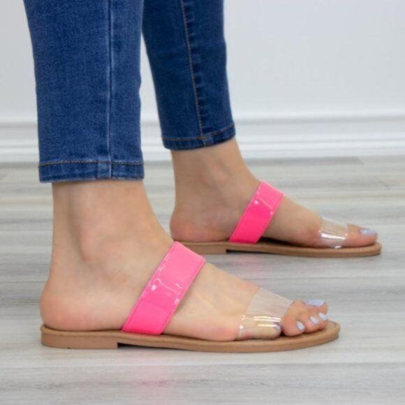 Neon Pink Clear Transparent Strap Flat Sandals - Picture 7 of 8